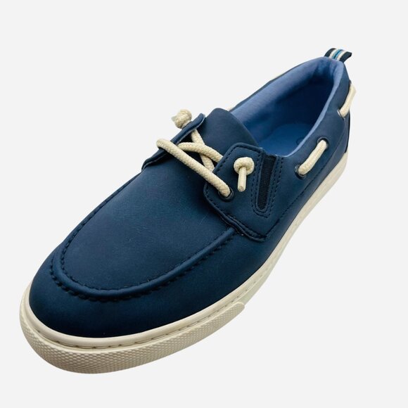 Cat & Jack Other - Boys Navy Boat Shoes Slip On Faux Leather Moc Toe Loafers Padded Collar Size 6